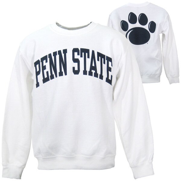 white crew neck sweatshirt arched Penn State front, paw print on back